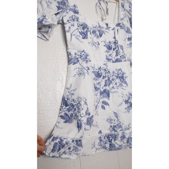 REFORMATION Evianna Linen Blue & White Toile Puff Sleeve Mini Dress US 10 NWT - Picture 9 of 14